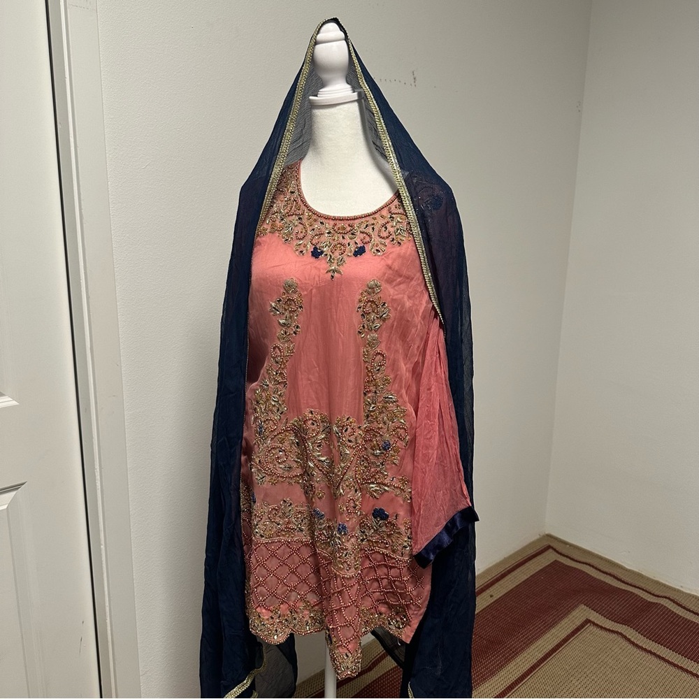 Pink and Navy Three-Piece Salwar Kameez Bin Yousaf Collection Formal Set Size L